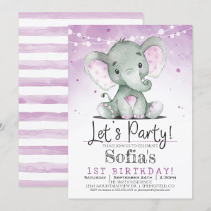 Lila Elephant Girl Födelsedagsfest inbjudan