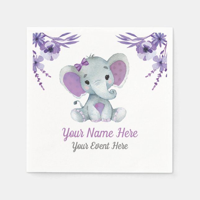 Lila Elephant Girl Napkins Baby Shower Birthday Pappersservett (Framsidan)