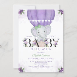 Lila Elephant Luftballong Blommigt Baby Shower Inbjudningar