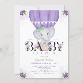 Lila Elephant Luftballong Blommigt Baby Shower Inbjudningar