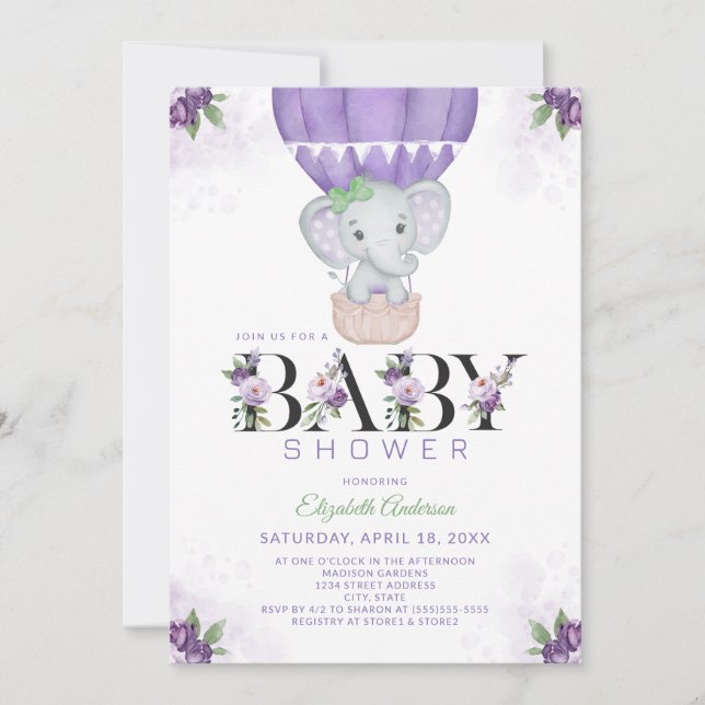 Lila Elephant Luftballong Blommigt Baby Shower Inbjudningar (Framsida)