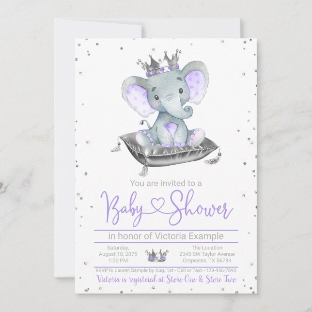 Lila Elephant Princess Baby Shower-inbjudan Inbjudningar (Framsida)
