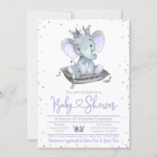 Lila Elephant Princess Baby Shower-inbjudan Inbjudningar