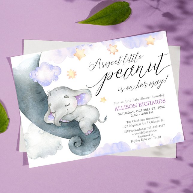 Lila Elephant, söt, liten jordnöt, babydusch Inbjudningar (Skapare uppladdad)