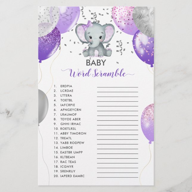 Lila Elephant Watercolor Baby Ord Scramble (Framsida)