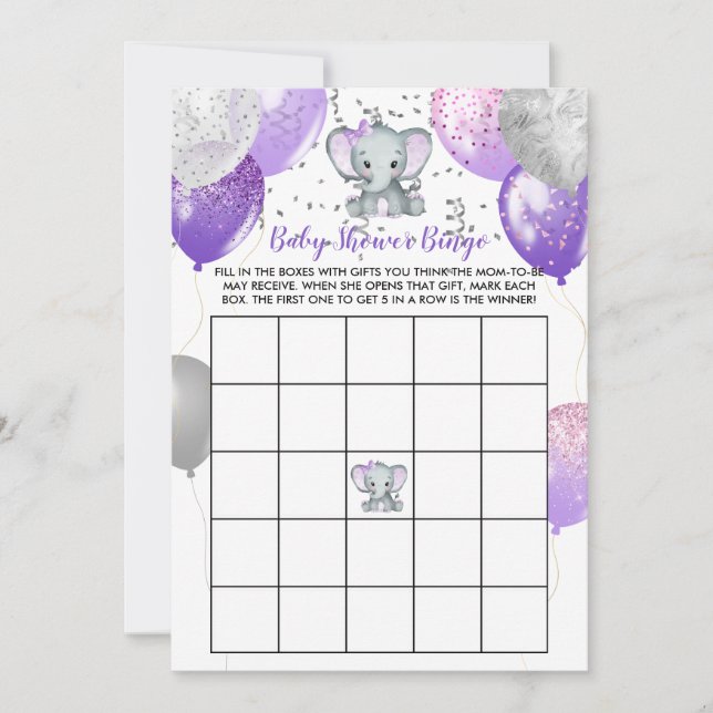 Lila Elephant Watercolor Baby Shower Bingo (Framsida)