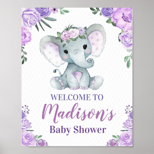 Lila Elephant Welcome Sign, Girl Ro Shower Poster (Framsidan)