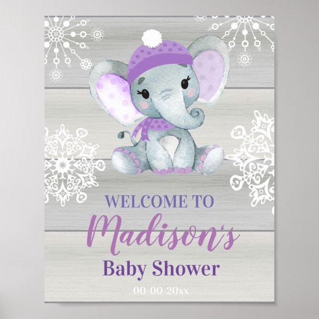 Lila Elephant Welcome Sign, Girl Shower Poster (Framsidan)