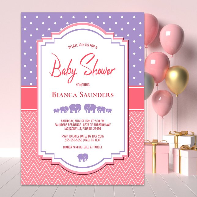 Lila Elephants och Polka Dot Baby Shower Inbjudningar (Skapare uppladdad)