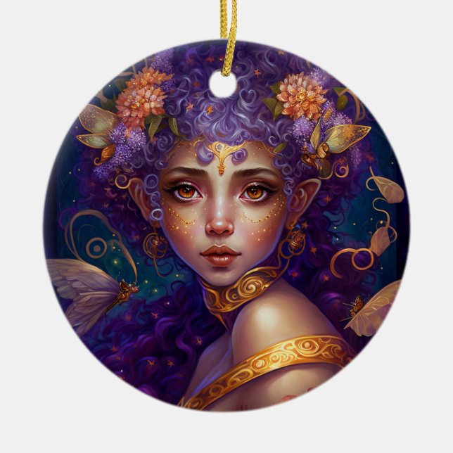 Lila Elf Fairy Fantasy Art Julgransprydnad Keramik (Framsidan)