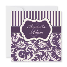 Lila, elfenben, Rosa-randig Damaskbröllop Inbjudan