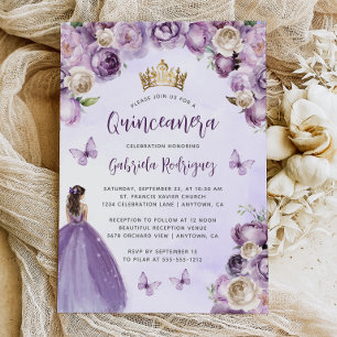 Lila Elfenbensguld Blommig Akvarell Quinceañera Inbjudningar