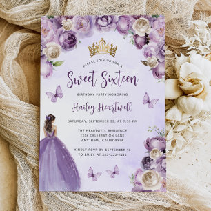 Lila Elfenbensguld Blommig Akvarell Sweet 16 Inbjudningar