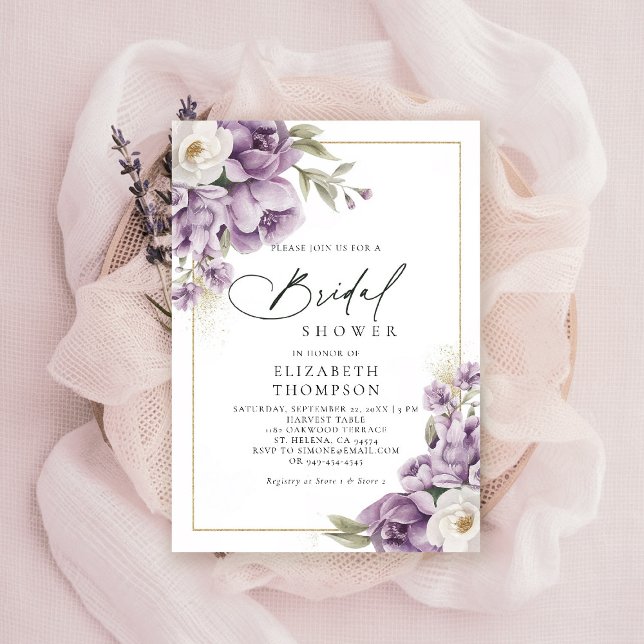 Lila Elfenbenskustens Blommigt Elegant Möhippa   G Inbjudningar (purple ivory gold bridal shower invitation watercolor elegant floral mauve green barn ranch garden)