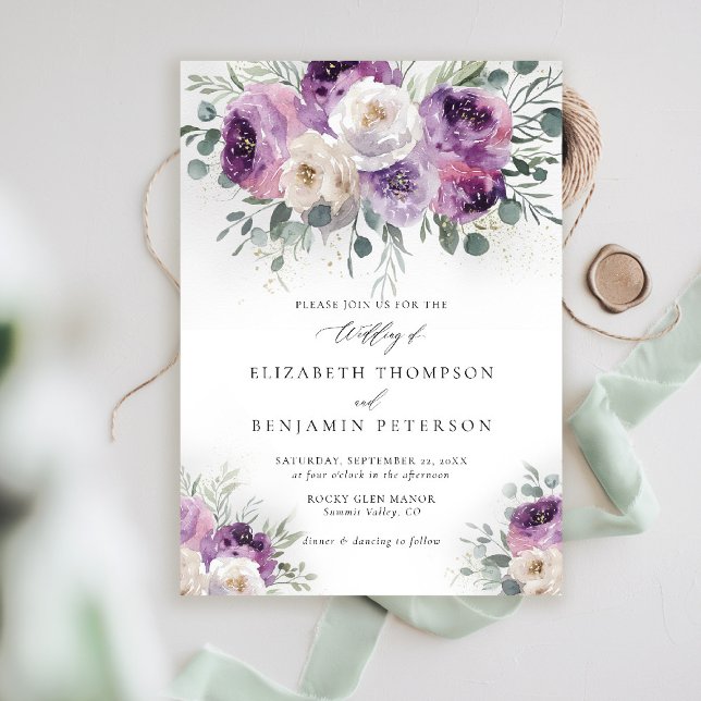 Lila Elfenbenskustens Blommigt Eucalyptus Elegant  Inbjudningar (rustic purple wedding invitation watercolor elegant floral eucalyptus lavender mauve barn ranch)