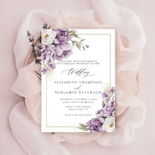 Lila Elfenbenskustens Blommigt Ram Elegant bröllop Inbjudningar (purple ivory gold wedding invitation watercolor elegant floral mauve green barn ranch garden)