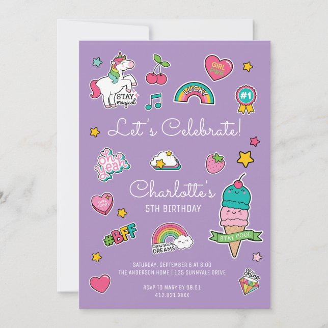 Lila Emoji Sticker Unicorn Girl Birthday Inbjudningar (Framsida)