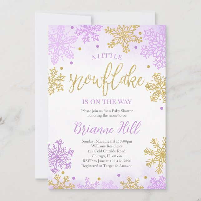 Lila En liten snöflammande babystövel Inbjudningar (Framsida)