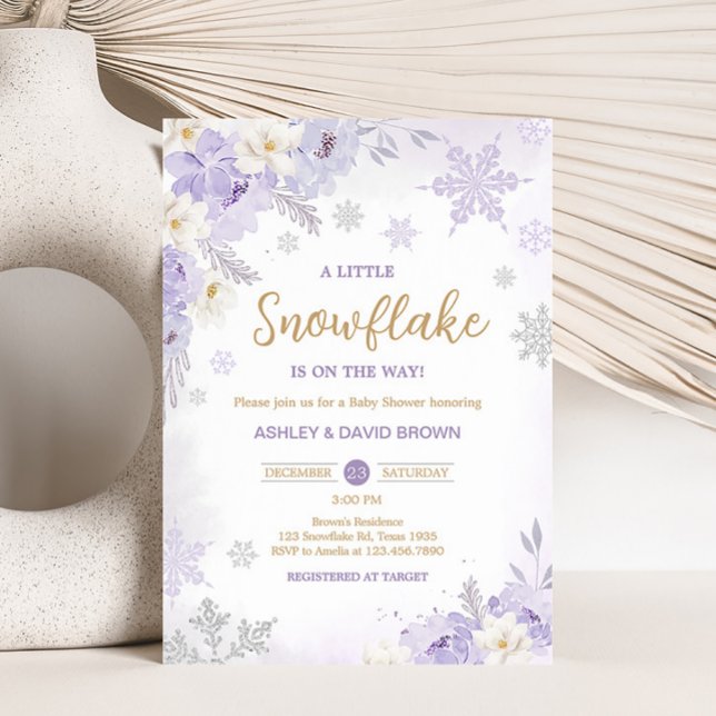Lila En Liten Snöflinga Baby Shower  Inbjudningar (Purple Winter Snowflake Baby Shower Invitation)