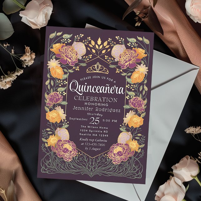 Lila Enchanted Garden Blommigt Quinceanera Inbjudningar (Skapare uppladdad)