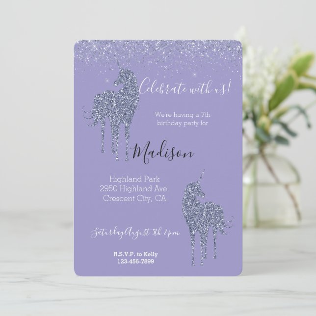 Lila Enhörning Glitter Inbjudningar (Stående Fram)
