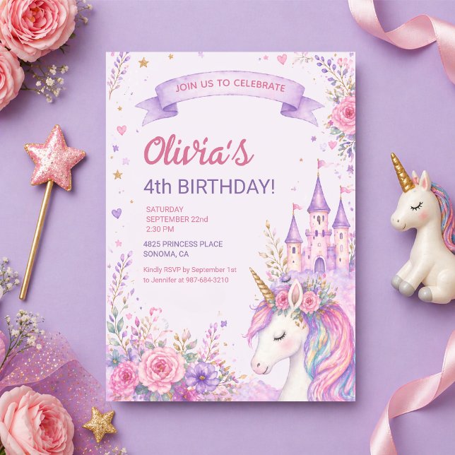 Lila Enhörningsflickor 4-årsdag Inbjudningar (Skapare uppladdad)
