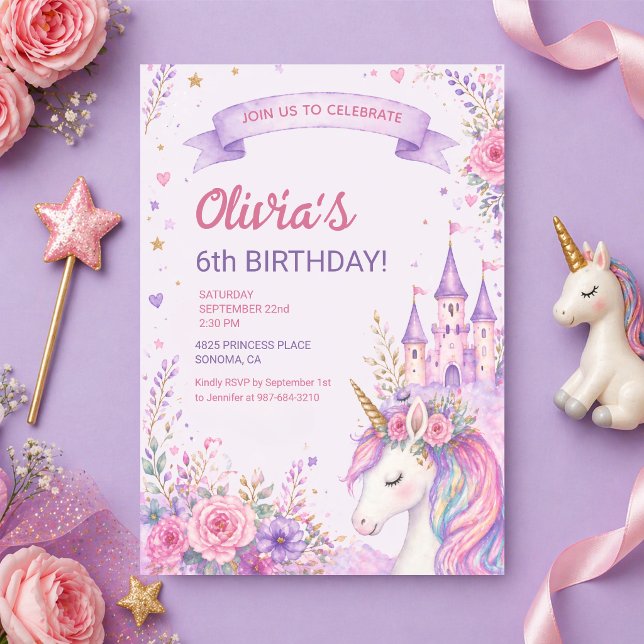 Lila Enhörningsflickor 6-årsdag Inbjudningar (Skapare uppladdad)