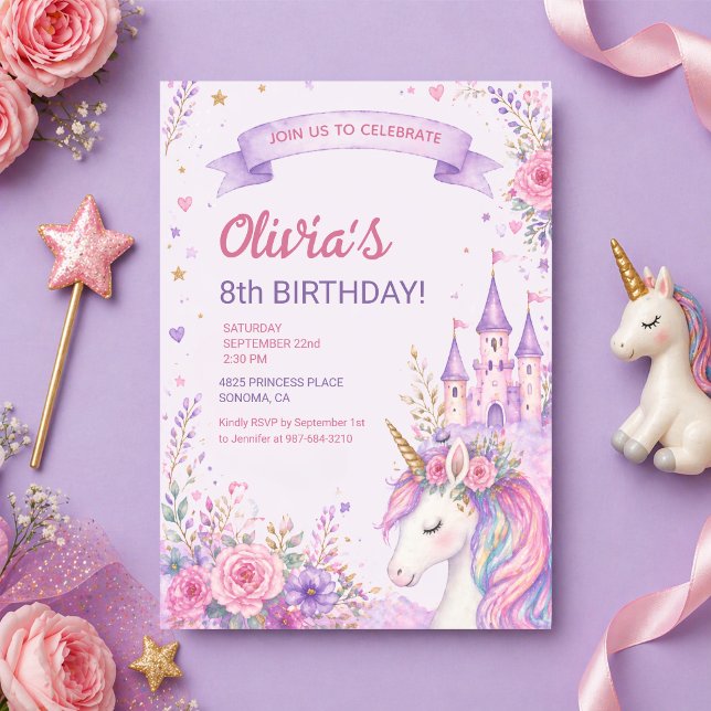 Lila Enhörningsflickor 8-årsdag Inbjudningar (Skapare uppladdad)