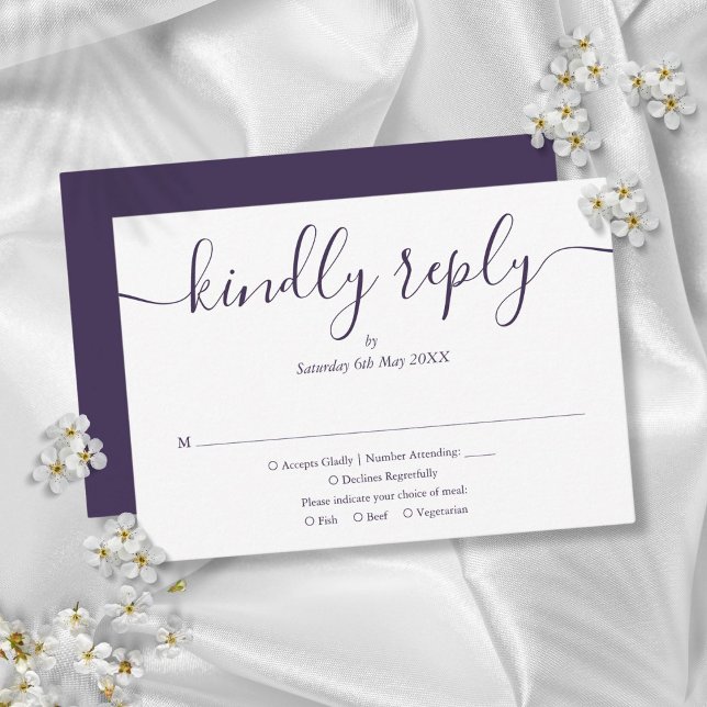 Lila Enkel Elegant Bröllopsskrift OSA Kort (Purple Simple Elegant Script Wedding RSVP Card)