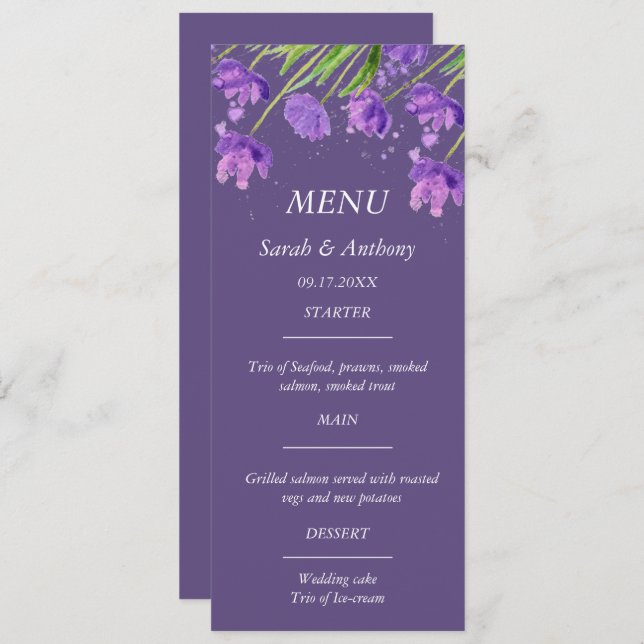 Lila Enkelt minimalistiskt livsmedel i Blommigt Br Meny (Fram/baksida)