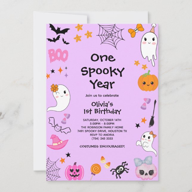 Lila Ett talesår Cute Halloween 1:a födelsedag Inbjudningar (Framsida)