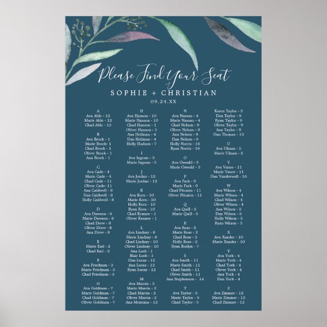 Lila Eucalyptus Blue Alphabetical Seating Chart Poster (Framsidan)