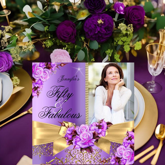 Lila Fabulous 50 Photo Guld Ro Bow Birthday Inbjudningar (Skapare uppladdad)