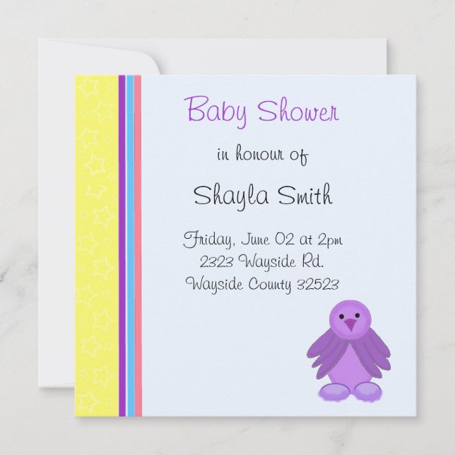 Lila fågel baby shower inbjudningar (Framsida)