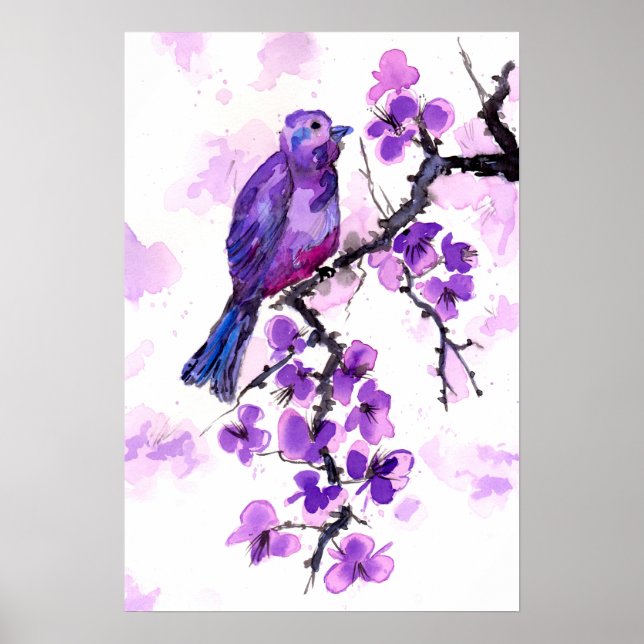 Lila Fågel och Blommor Poster (Framsidan)