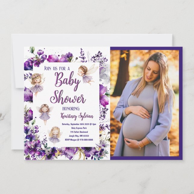 Lila Fairy Blommigt Baby Shower Photo-inbjudan Inbjudningar (Framsida)
