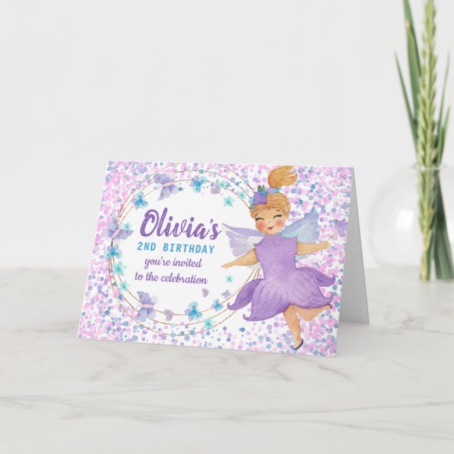 Lila Fairy Butterfly Heart Confetti Birthday Inbjudan (Framsida)