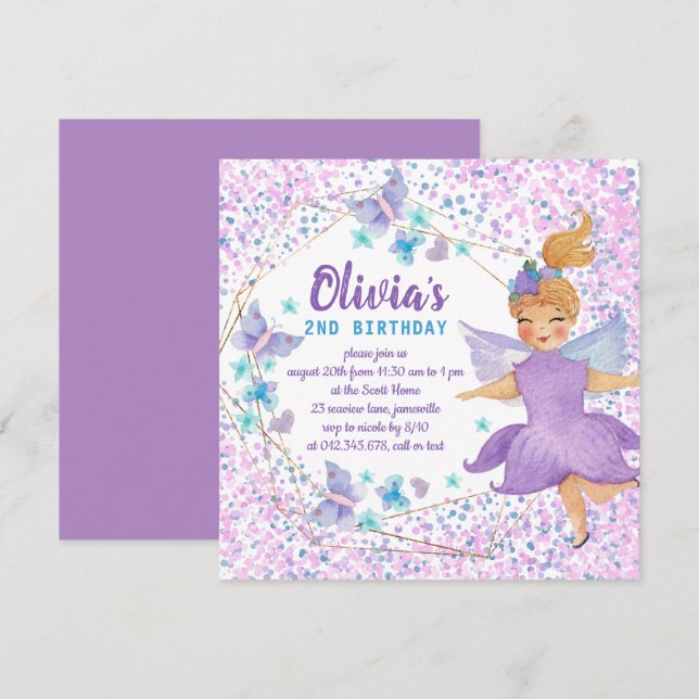 Lila Fairy Butterfly Heart Confetti Birthday Inbjudningar (Fram/baksida)