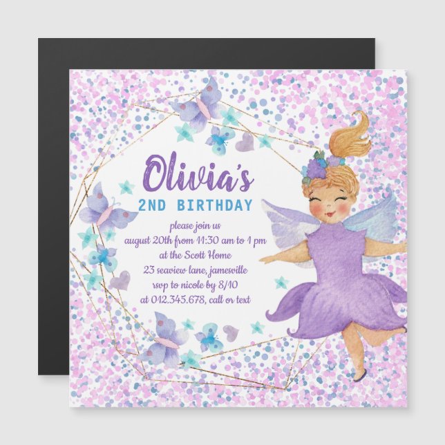 Lila Fairy Butterfly Heart Confetti Birthday Magnetisk Inbjudningskort (Fram/baksida)