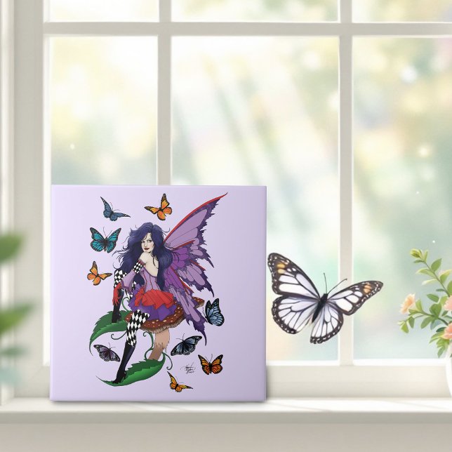 Lila Fairy Mushroom Butterflies Kakelplatta (Skapare uppladdad)