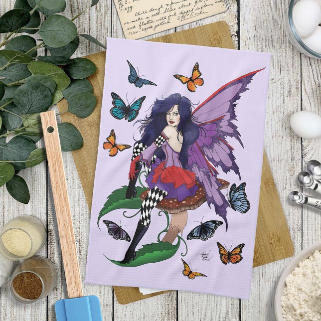 Lila Fairy Mushroom Butterflies Kökshandduk (Skapare uppladdad)