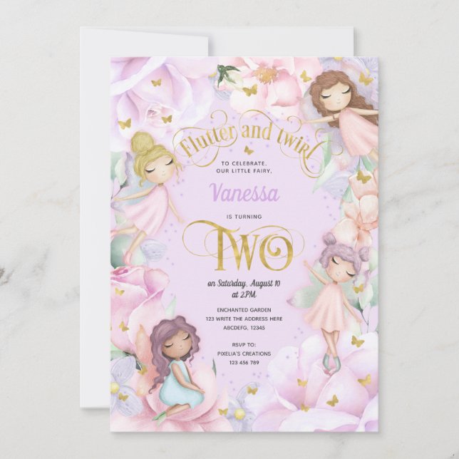 Lila Fairy themed, andra födelsedagsinbjudan till  Inbjudningar (Framsida)