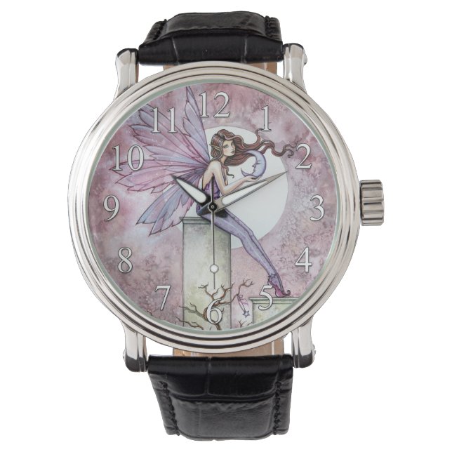 Lila Fairy with Little Måne Fantasy Art Armbandsur (Framsida)