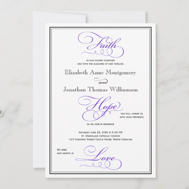 Lila Faith Hope Kärlek Skriptasbröllop - inbjudan (Framsida)