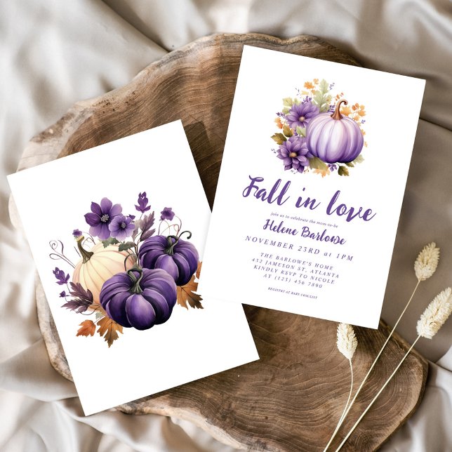 Lila faller i Kärlek Pumpkin Baby Shower Inbjudningar (Purple Fall In Love Pumpkin Baby Shower Invitation)
