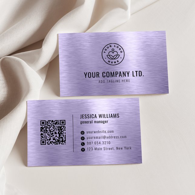 Lila Falskt Borstat Metall Professionell QR-kod Visitkort (Skapare uppladdad)