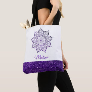 Lila Falskt Glitter Mandala på Vit Bakgrund Tygkasse