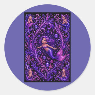 Lila fantasimermaid glitter havskonst Magisk Runt Klistermärke
