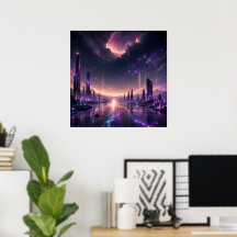 Lila fantasistädernskapsväggkonst Mörk Sci-Fi