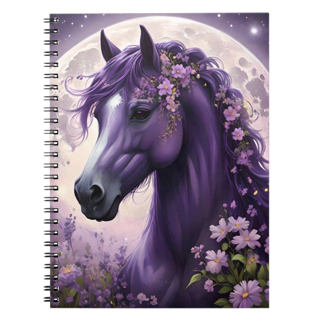Lila Fantasy Horse Måne Flowers Anteckningsbok (Framsidan)